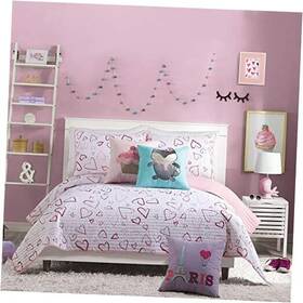 A010618pknds Peking Handicraft Inc. Desiree Hearts 3-piece Quilt Set Ultra Soft All Full/queen Pink
