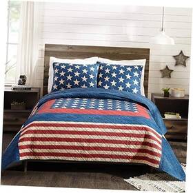 A057619blnds Peking Handicraft Inc. Quilt With 2 Shams 3-piece Reversible All Seasons Full Queen Americana Patch