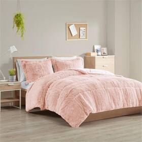 Pr-4753-2690587 Pemberly Row Modern Shaggy Faux Fur Comforter Mini Set In Blush