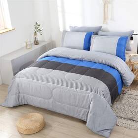 Pm03 Perfemet Blue Striped Comforter Set Queen Size 3pcs And Grey Patchwork Bed