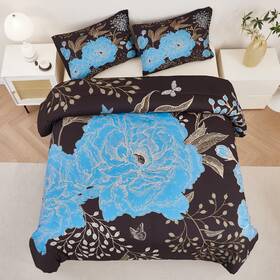 Pmd028 Perfemet Black Blue Floral Comforter Set Queen Size 3 Pieces Botanical Flower Bedding
