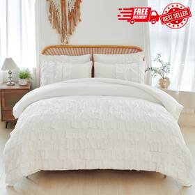Pmf022 Perfemet White Comforter Set Full Size 3 Pieces Ruffle Boho Bedding For Girls Wash