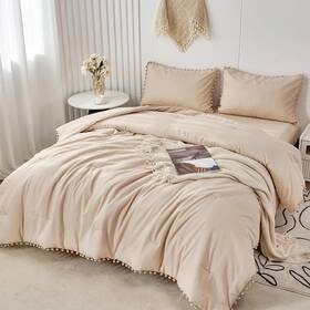 Rik160 Perfemet 5 Pcs Khaki Comforter Queen Size 90x90inch Boho Chic Pom Fringe Bedding