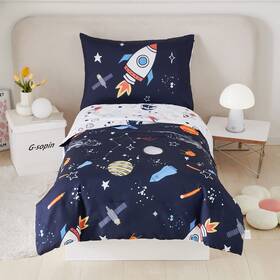 Rik205 Perfemet 4 Pcs Toddler Bedding Dark Blue Outer Space Printed Bed Set