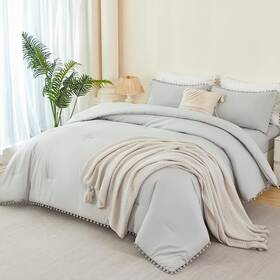 Rik273 Perfemet Light Grey Bedding 5 Pcs Full Size Bed In A Bag Set Pom Fringe