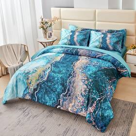 Rik317 Perfemet 6 Pcs Teal Marble Comforter Set Queen Watercolor Printed Quilt Lux
