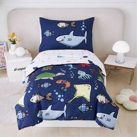Rik540 Perfemet 4 Pieces Twin Bed In A Bag Navy Blue Ocean Animal Themed Kids Comforter Set For