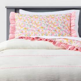 94159957 Pillowfort Full/queen Reversible Crinkle Bow Gingham Floral Kidsft Comforter Set White