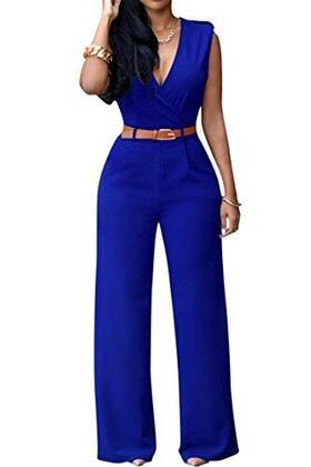 902-6391243 Pink Queen Womens Elegant V Neck Long Loose Belted Rompers Jumpsuits Sky Blue