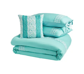 Pioneer Woman Teal Eyelet 4 Piece Full Queen Comforter Set 92inch X 96inch