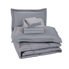 Plazatex 804028147040 Plaz Embossed Dobby Stripe 8 Pieces Comforter Set Queen Gray