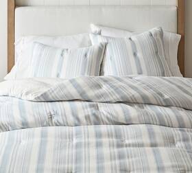 8166627 Pottery Barn Hawthorn Striped Cotton Comforter Chambray Blue King Cal #z1209