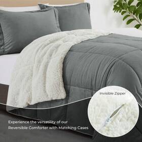 Premier Comfort 086569383136 3 Pcs Reversible Sherpa Velvet King Comforter And Shams Set Gray
