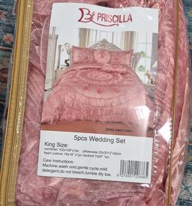 25002-dm01 Priscilla King 5pcs Pink Satin Floral Comforter Set With Pillowcases Heart Cushion