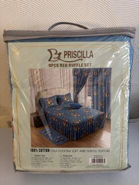 Ers-20026 Priscilla 9pc King Comforter Set Blue Floral 100% Cotton With Bed Ruffle And Shams