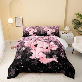 Fabttak009 Qoomo Kawaii Axolotl Bedding Set Pink Cherry Blossom For Boys Girls Teen Room De