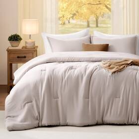 Quataly 748095923087 King Comforter Set Oatmeal 3pcs Soft Lightweight Breathable Bedding