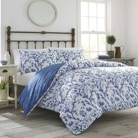 W002800083 Queen Comforter Set Blue White Floral Cotton 7 Piece Reversible Bedding Cover