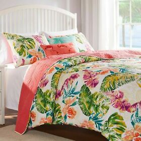 Gl-2104amsk Queen Quilt Set Oversized Tropical Coastal Jungle Botanical Palm Leaves 3piece