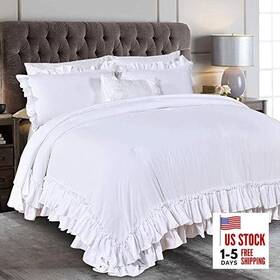 200506-comforter-white-king Queens House Farmhouse Ruffled Comforter Set Size Shabby Boho Chic Bedding King White