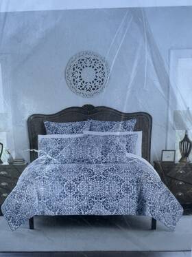 Sb007360 Rachel Ashwell Queen Quilt Hera Medallion Blue/white Cotton Reversible 88x92
