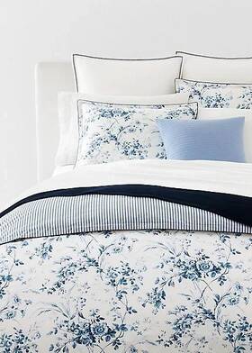 Ralph Lauren 886087474350 Annie Blue Floral 3pc Full Queen Comforter Pillow Shams Set Stripes