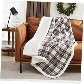201351 Revman International Blanket Soft Reversible Sherpa And Brushed Edgewood Plaid Khaki Throw