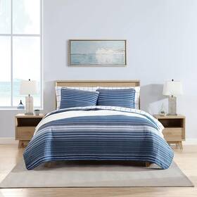 Revman International 883893685789 Quiled Cotton Reversible Bedding With King Dark Blue/medium Blue Shams