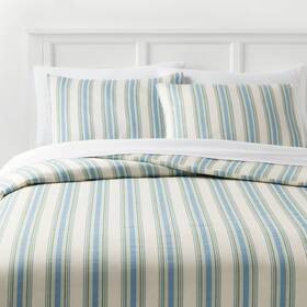 89195852 Room Essentials King Printed Easy Care Duvet Cover And Sham Set Ivory/white/sage Green Striped