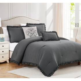 Rt Designer Collection 845951086167 Portland Ruffled Washed Comforter Set Charcoal King