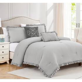 Rt Designer Collection 845951086198 Portland Ruffled Washed Comforter Set Grey Queen