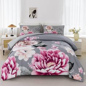Rnd011 Rynghipy Grey Bed Comforter Set Queen Size 3 Pieces Pink Flowers Printed Bedding Soft
