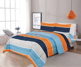 Sapphire Home 840169700942 2 Piece Twin Size Comforter Set With Shams Blue Orange Gray Stripes Print Mu