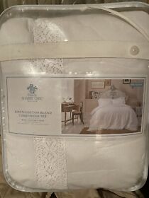 Shabby Chic White Linen Cotton Comforter Set With Crochet Trim Full Queen