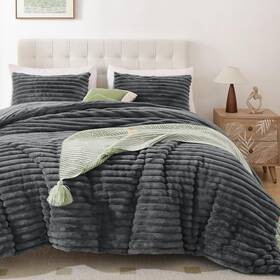 Smoofy 313104483441 Fluffy Queen Comforter Set 3 Pieces - Dark Grey Fleece S