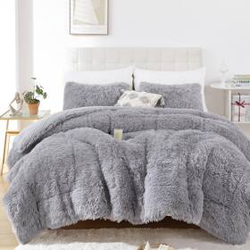 Smoofy 762409520212 Fluffy Comforter Set Faux Fur Size Luxury Fuzzy Queen Grey