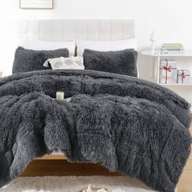 Smoofy 762409520366 Faux Fur Comforter Set Queen Size 3pcs Dark Grey Fluffy Fuzzy Plush Co