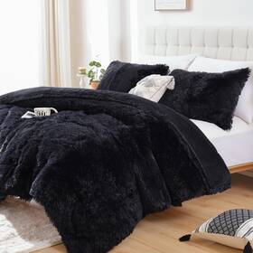 Smoofy 762409520526 Faux Fur Black Comforter Set Queen Size 3pcs Fluffy Fuzzy Plush