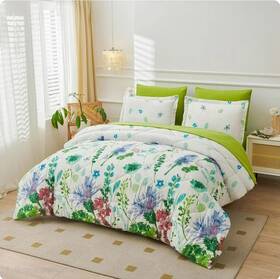 Smuge 445022619619 Queen Size Green Floral Print Comforter Set 3 Piece All Season Soft Lightweight
