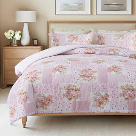 Soul & Lane 810079596904 Cotton Comforter Set - King Size And 2 Shams Pink Floral Patchwork Bedding S