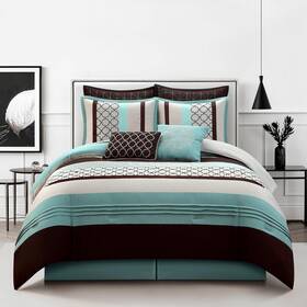Avalon8-q-aqua-pu1 Stratford Park 810105134988 Bedding Striped Pintuck 8-piece Comforter Set Aqua Brown Queen Size Matchi