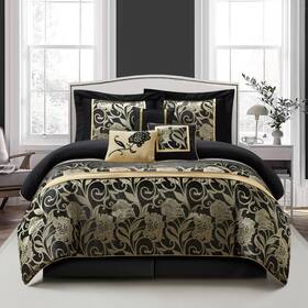 Stratford Park 810122907374 Jacquard 7-piece Comforter Bedding Set Black California King F