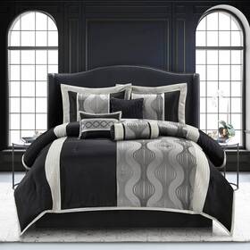 Stratford Park 810140059901 Black And Silver Comforter Setelegant 7 Pieces Queen Size Striped