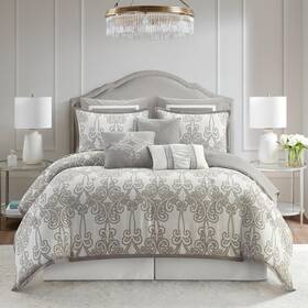Dilona9-q-smgr Stratford Park Smoke Grey Comforter Set Queen Size 9 Piece Jacquard Floral Bedding All