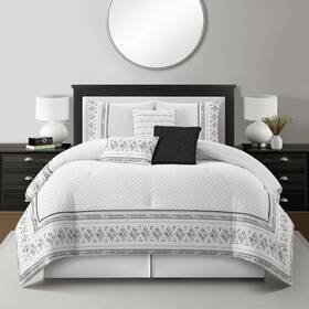 Gordinia7-q-whbl Stratford Park 7 Piece White Black Comforter Set Queen Size Clip&microfiber Print Bedding S