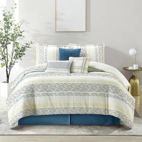 Merida7-q-whbu Stratford Park King Comforter Set 7-piece Geometric Bedding And Curtains