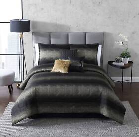 82635 Stripes Bedding Comforter Set 7-piece Metallic Black Gold Full Queen Size