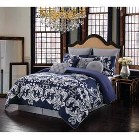 Cs2641kg10-1300 Style 212 Dolce 10-piece Silver And Navy King Comforter Set