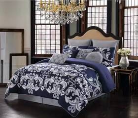 Cs2641qn10-1300 Style 212 Dolce Vita 10 Pc Comforter Set Silver/ Navy Queen Size Soft Warm