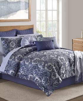 22328222 Sunham Hendel Indigo Queen Comforter Set Bedding 14 Pc Super